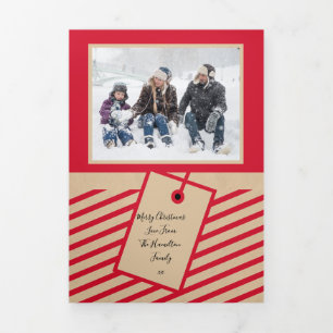 Red Craft Paper Photo Personalised Christmas Tri-Fold Holiday Card