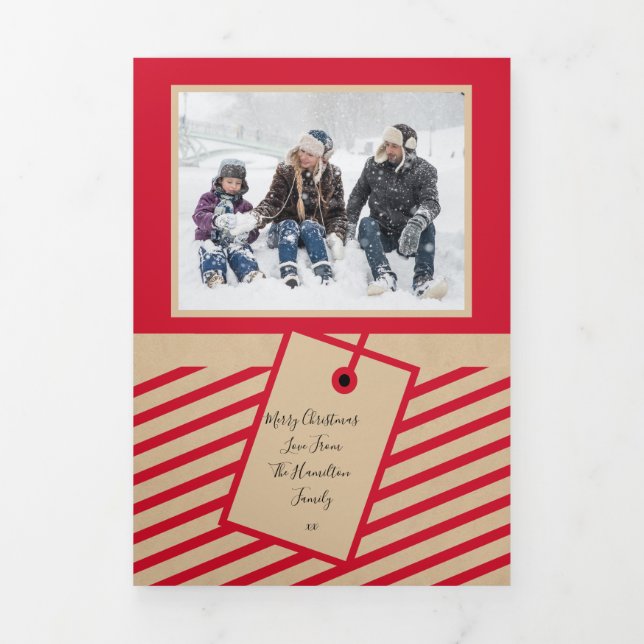 Red Craft Paper Photo Personalised Christmas Tri-Fold Holiday Card (Cover)