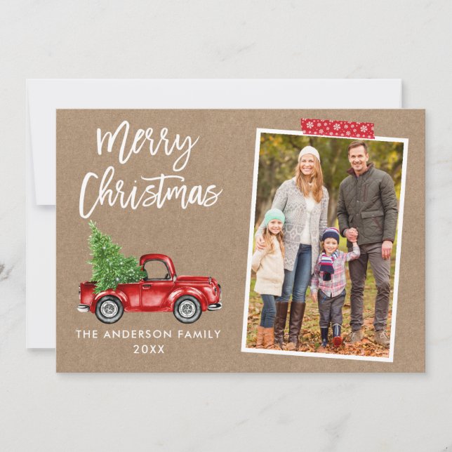 Red Craft Tape Brush Script Truck Kraft Christmas Holiday Card (Front)