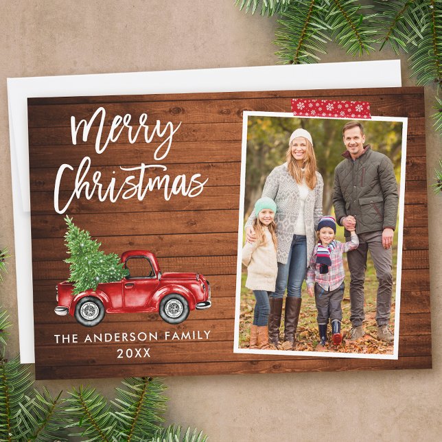 Red Craft Tape Brush Script Truck Wood Christmas Holiday Card (Customize to add text to back of card.)
