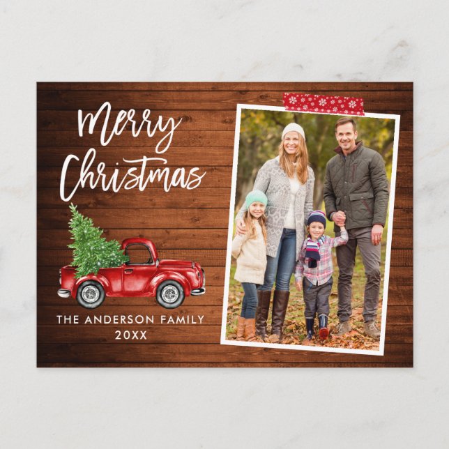 Red Craft Tape Brush Script Truck Wood Christmas Postcard (Front)