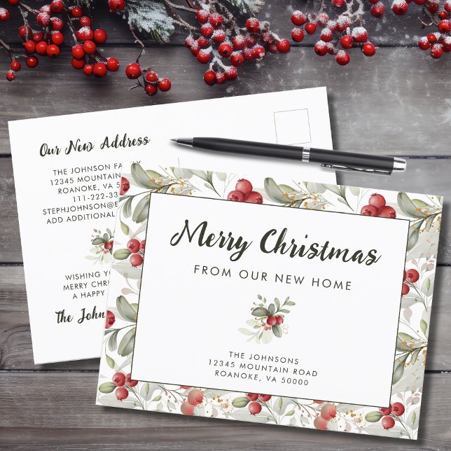 Red Cranberries Christmas Greenery New Home   Announcement Postcard (Red Cranberries Christmas Greenery New Home Moving Announcement Postcard)