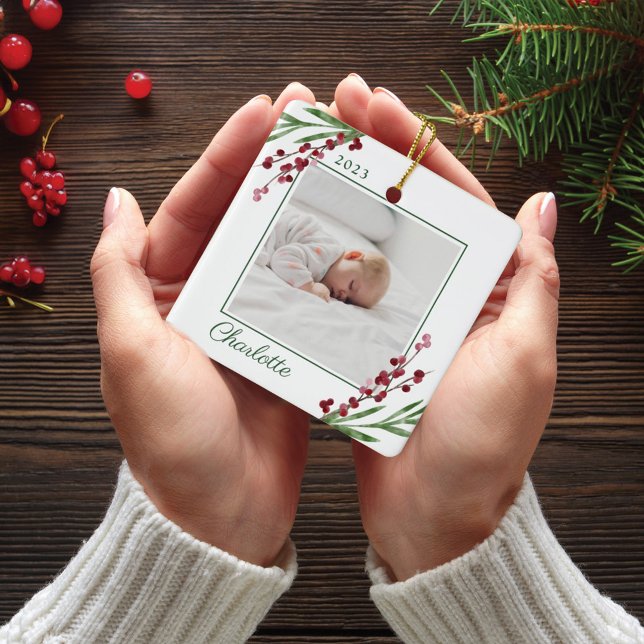 Red Cranberry Foliage Baby's First Christmas Photo Ceramic Ornament (Red Cranberry Foliage Baby's First Christmas Photo Ceramic Ornament)
