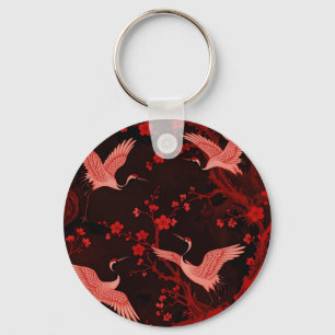 Red Crane Cherry Blossom Chinoiserie Pattern Key Ring