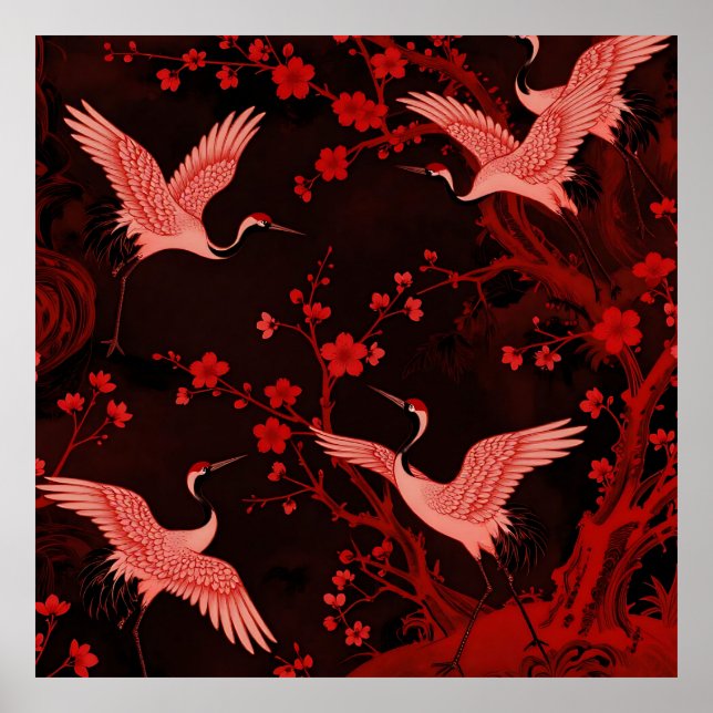 Red Crane Cherry Blossom Chinoiserie Pattern Poster (Front)