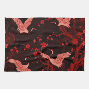 Red Crane Cherry Blossom Chinoiserie Pattern Tea Towel