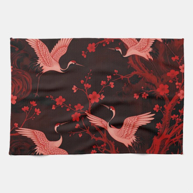 Red Crane Cherry Blossom Chinoiserie Pattern Tea Towel (Horizontal)