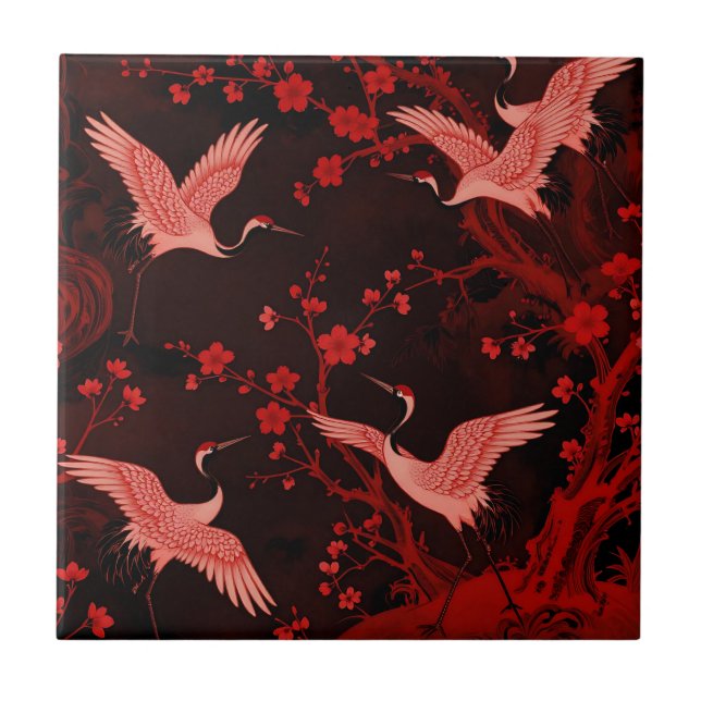 Red Crane Cherry Blossom Chinoiserie Pattern Tile (Front)