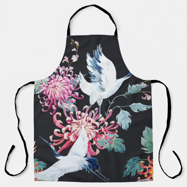 Red Crane Chrysanthemum Watercolor Pattern Apron (Front)