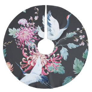 Red Crane Chrysanthemum Watercolor Pattern Brushed Polyester Tree Skirt