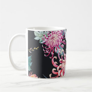 Red Crane Chrysanthemum Watercolor Pattern Coffee Mug