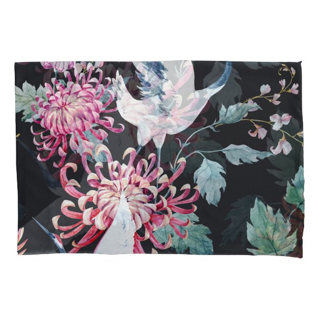 Red Crane Chrysanthemum Watercolor Pattern Pillowcase (Front)