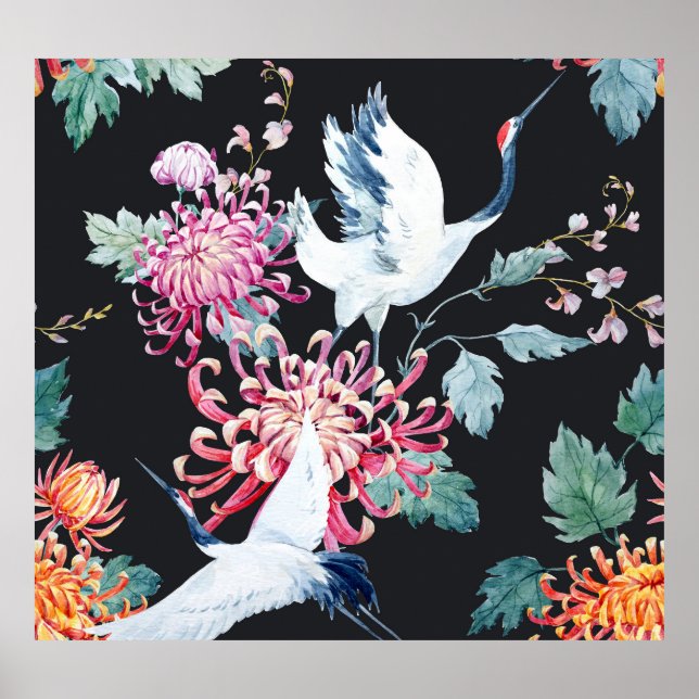 Red Crane Chrysanthemum Watercolor Pattern Poster (Front)