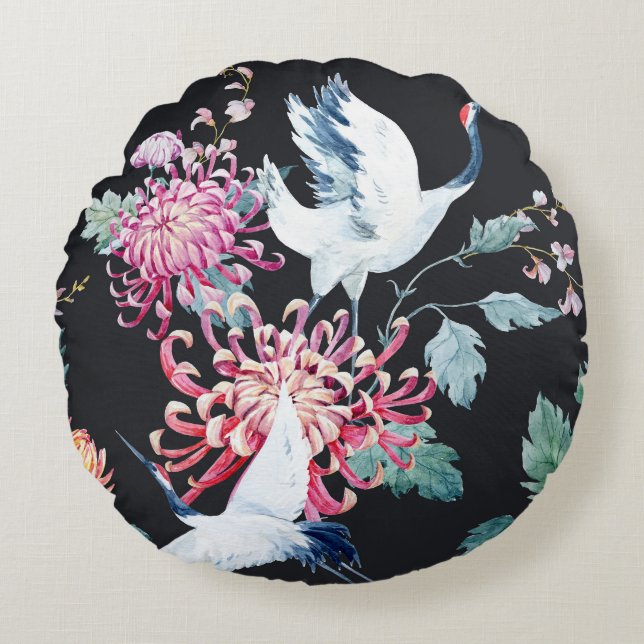 Red Crane Chrysanthemum Watercolor Pattern Round Cushion (Front)