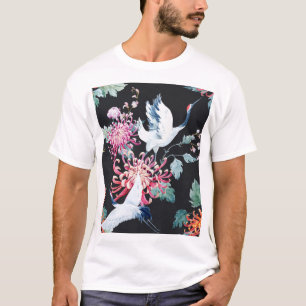 Red Crane Chrysanthemum Watercolor Pattern T-Shirt
