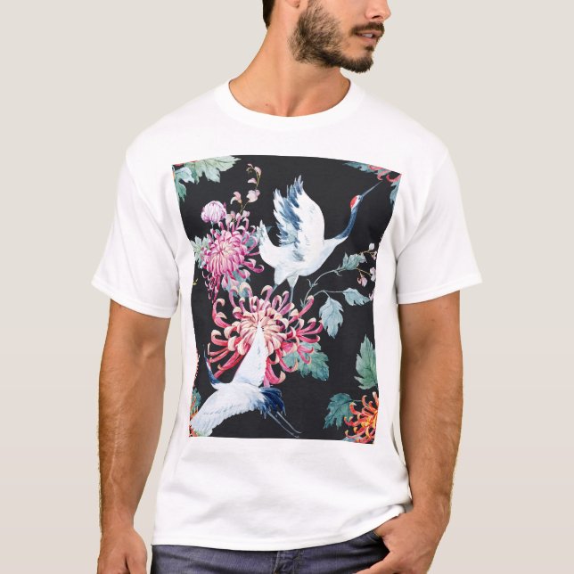 Red Crane Chrysanthemum Watercolor Pattern T-Shirt (Front)