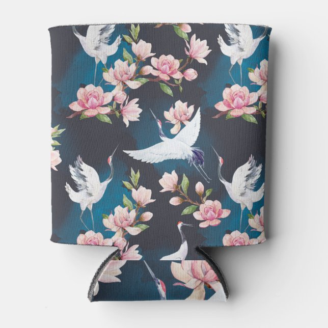 Red Crane Magnolia: Japanese Watercolor. Can Cooler (Front)