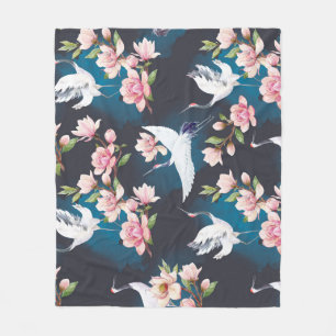 Red Crane Magnolia: Japanese Watercolor. Fleece Blanket