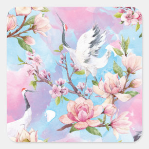 Red Crane Watercolor Japanese Motif Square Sticker
