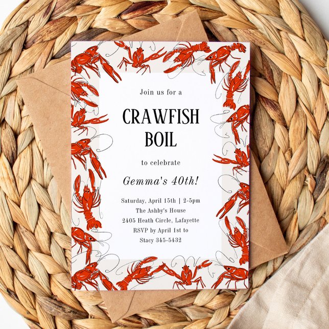Red Crawfish Boil Seafood Birthday Party Invitation (Red crawfish boil seafood birthday party invitation.)