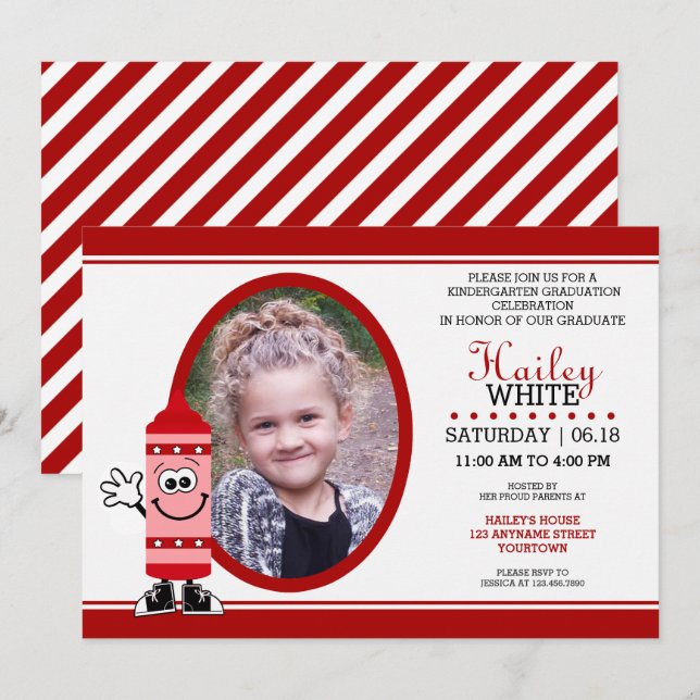 Red Crayon Kindergarten Grad Party Invitations (Front/Back)