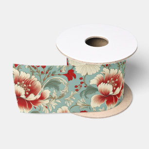 Red, Cream and Green Floral Chinoiserie Satin Ribbon