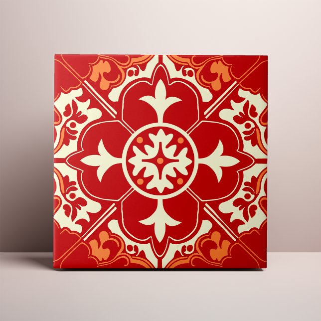 Red Cream and Orange Azulejo Mandala Tile (Creator Uploaded)