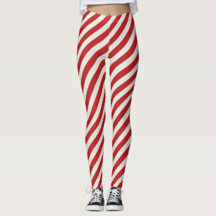 Red & Cream Beige White Stripe Christmas Holiday  Leggings
