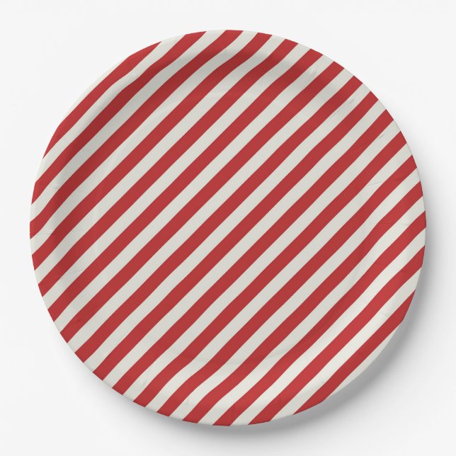 Red & Cream Beige White Stripe Christmas Holiday  Paper Plate (Front)