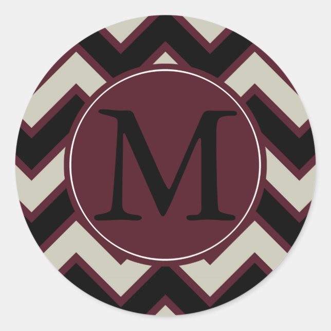 Red Cream Black Chevron Monogram Classic Round Sticker (Front)