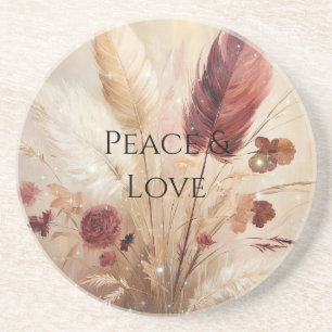 Red Cream Boho Feather Floral Coaster