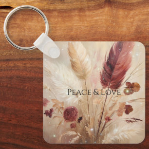 Red Cream Boho Feather Floral Key Ring