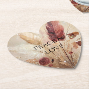 Red Cream Boho Feather Floral Paper Coaster