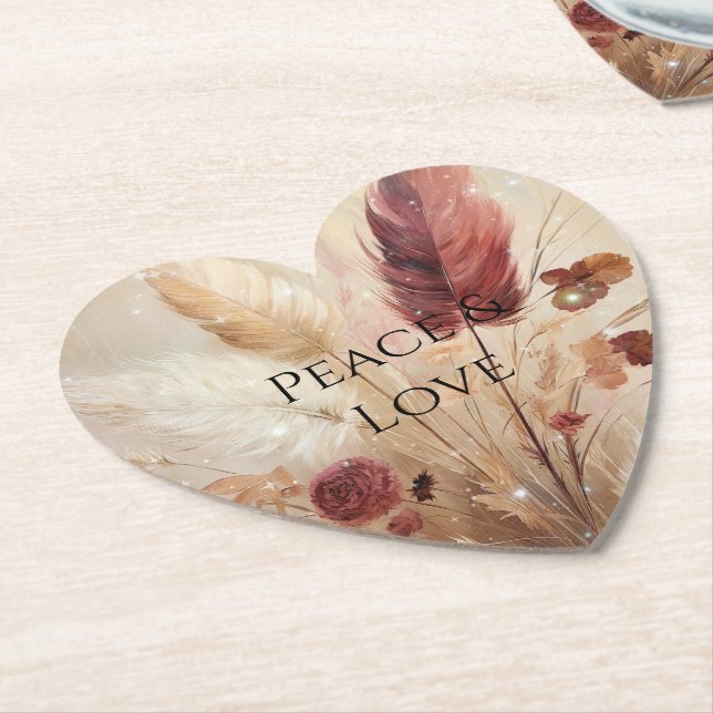 Red Cream Boho Feather Floral Paper Coaster (Angled)