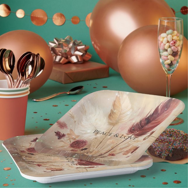 Red Cream Boho Feather Floral Paper Plate (Multi)