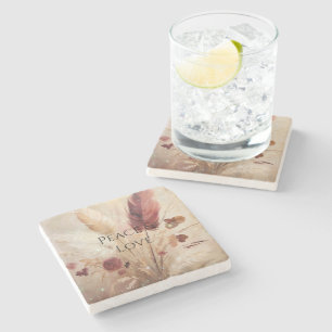 Red Cream Boho Feather Floral Stone Coaster
