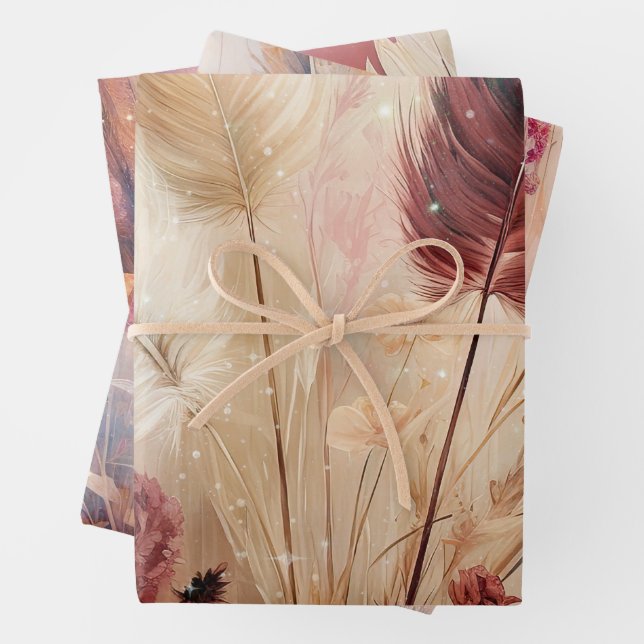 Red Cream Boho Feather Floral Wrapping Paper Sheet (In situ)