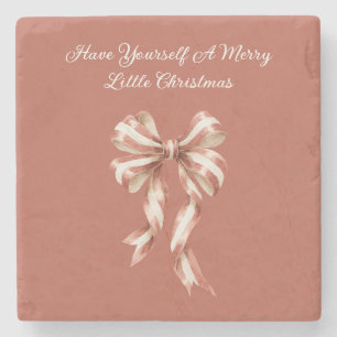 Red Cream Bow Merry Christmas Stone Coaster