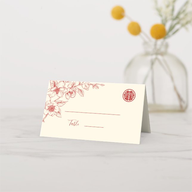 Red Cream Floral | Chinese Wedding Place Card (Front)