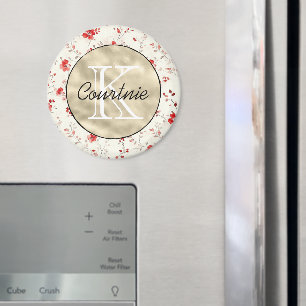 Red Cream Floral Gold Monogram      Magnet