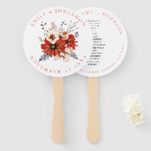 Red Cream Florals Foliage Names Wedding program Hand Fan