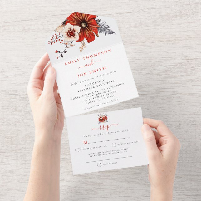 Red Cream Florals Recipient Address Wedding All In One Invitation (Tearaway)