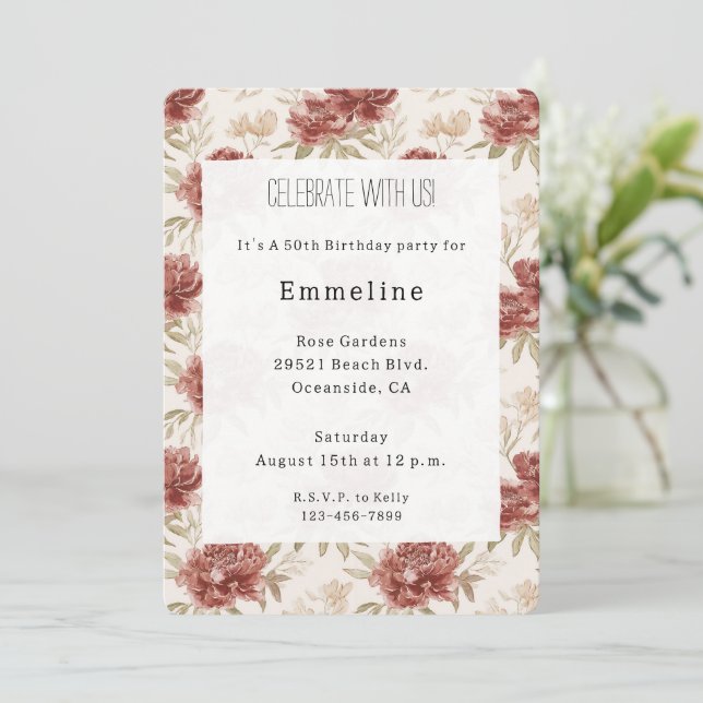 Red Cream Flowers Birthday Invitation (Standing Front)