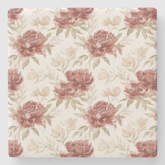 Red Cream Flowers Stone Coaster (Front)