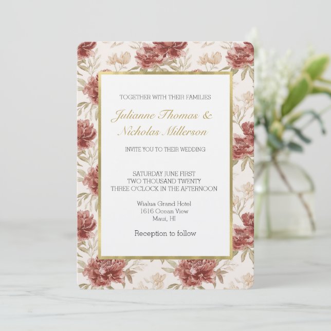 Red Cream Flowers Wedding Invitation (Standing Front)