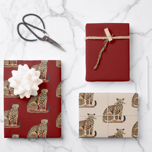 Red Cream Gold Leopard Animal Birthday Wrapping Paper Sheet (Front)