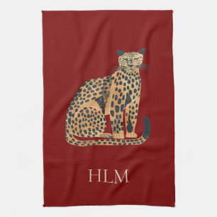 Red Cream Gold Leopard Animal Monogram Tea Towel