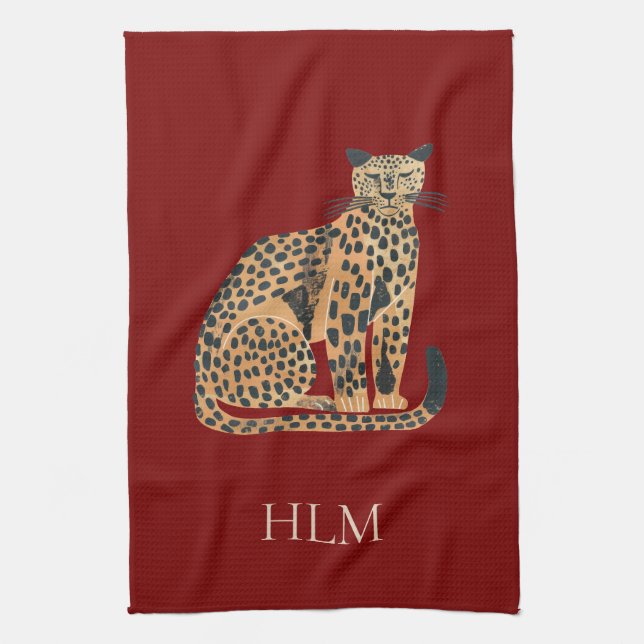Red Cream Gold Leopard Animal Monogram Tea Towel (Vertical)