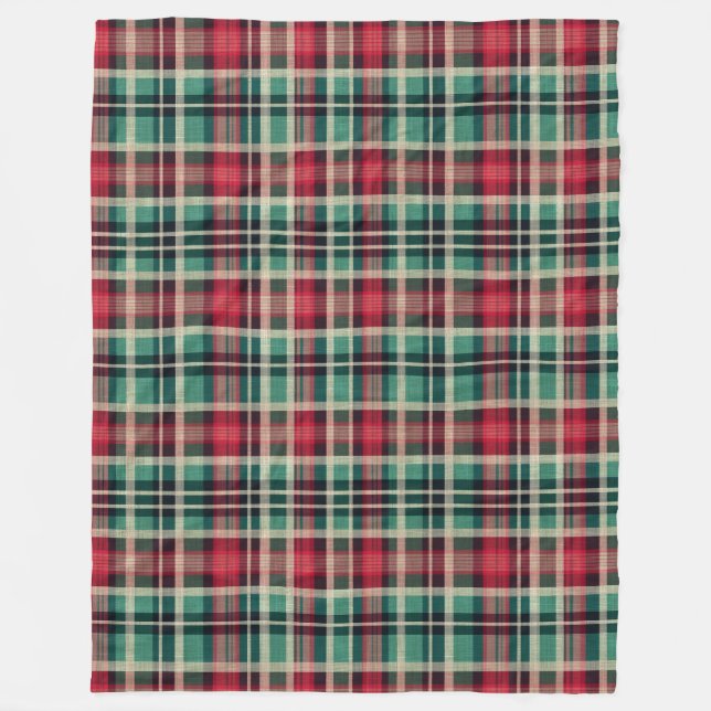 Red Cream Green Plaid Stripes Fleece Blanket (Front)