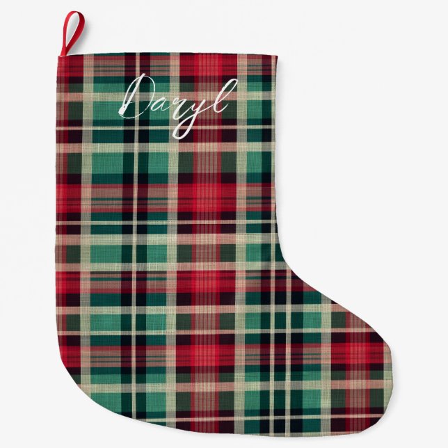 Red Cream Green Plaid Stripes Large Christmas Stocking (Front)